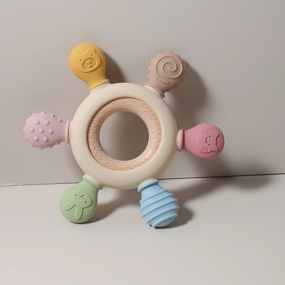 Silicone teether baby gift animal shaped cartoon cute teething toy chew bead sensory gum relief soother bell beech wood soft