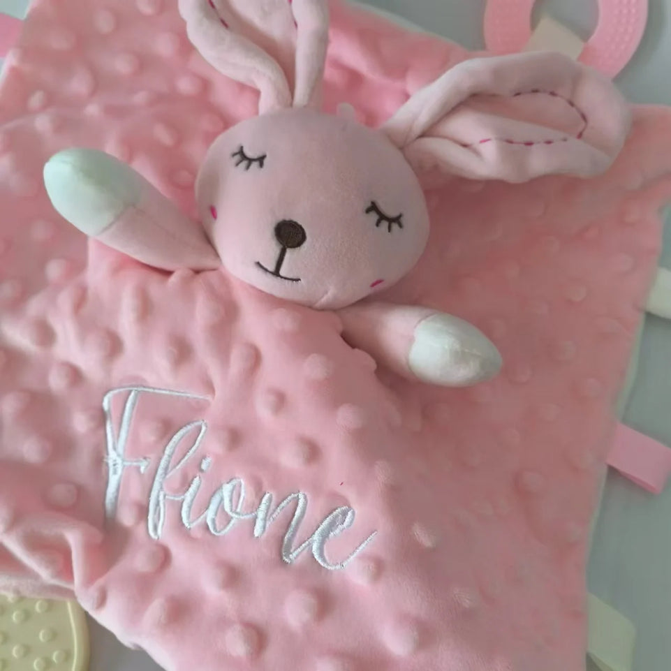 Personalized Baby Security Blanket Teether Plush Stuffed Toy Custom Blanket Comforter Bunny Elephant Soothe Appease Baby Gift