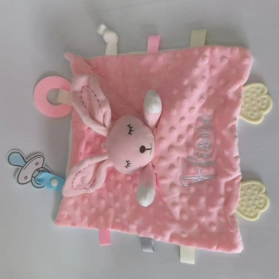 Personalized Baby Security Blanket Teether Plush Stuffed Toy Custom Blanket Comforter Bunny Elephant Soothe Appease Baby Gift