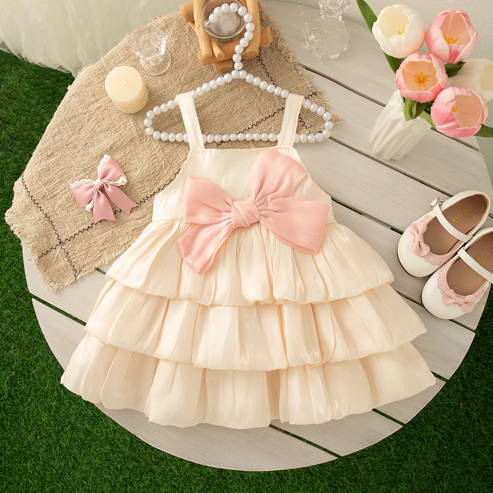 Baby Girl Dress Summer Solid Color Mesh Bow Girl Dress Cute Multi-Layer Girl Princess Dress Baby Clothes Girl