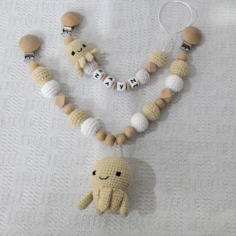 Stroller chain Pacifier Chain With Name Gym Educational Ring Teething Toy Baby Cotton Turtle Wooden Ring Rattle Crochet Wool To