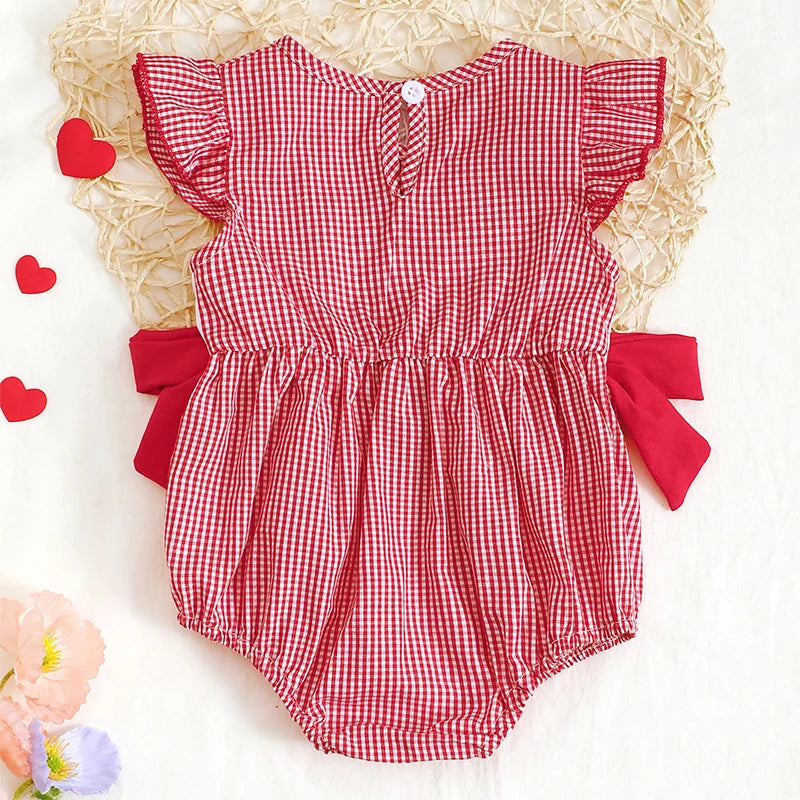 Baby Girl Valentines Day Outfit Newborn Heart Plaid Bubble Romper Bowknot Ruffle Bodysuit Smocked Baby Clothes
