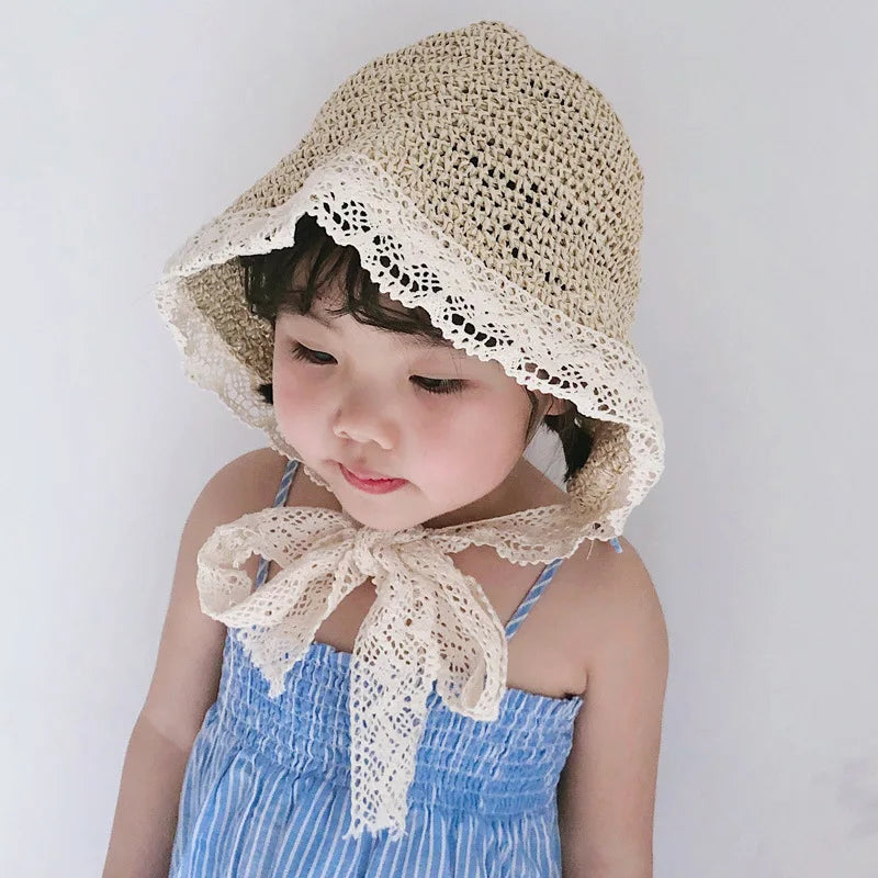 Summer Baby Sun Hat Lace Straw Kids Bucket Hats for Girls Accessories Beach Travel Children Cap Princess Baby Girl Hat 2-5Y