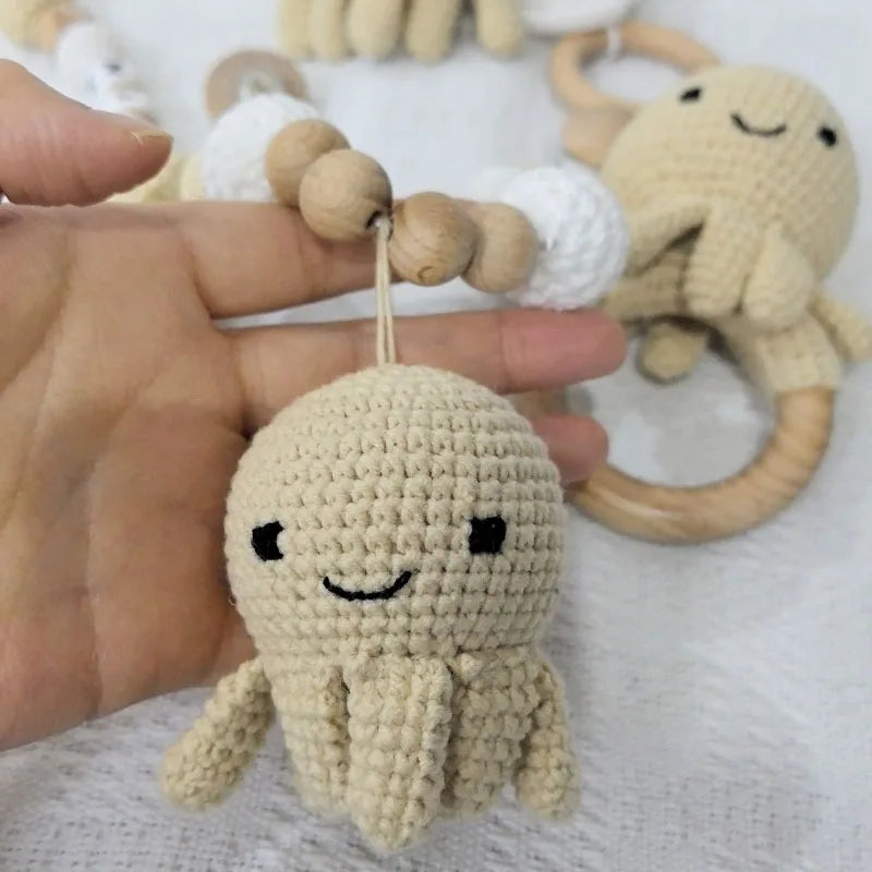 Stroller chain Pacifier Chain With Name Gym Educational Ring Teething Toy Baby Cotton Turtle Wooden Ring Rattle Crochet Wool To