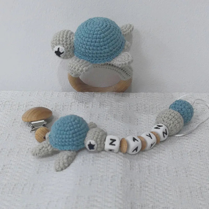 Stroller chain Pacifier Chain With Name Gym Educational Ring Teething Toy Baby Cotton Turtle Wooden Ring Rattle Crochet Wool To