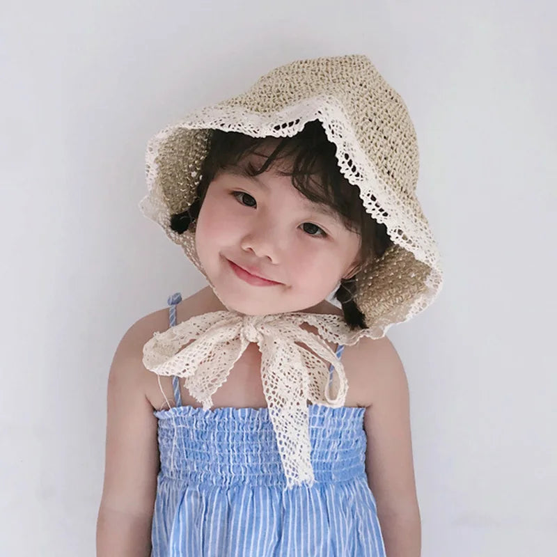 Summer Baby Sun Hat Lace Straw Kids Bucket Hats for Girls Accessories Beach Travel Children Cap Princess Baby Girl Hat 2-5Y