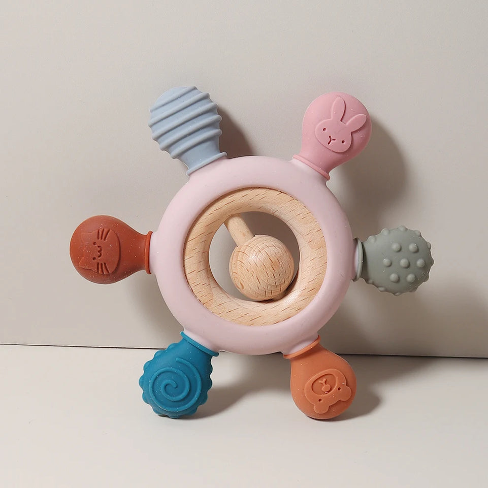 Silicone teether baby gift animal shaped cartoon cute teething toy chew bead sensory gum relief soother bell beech wood soft