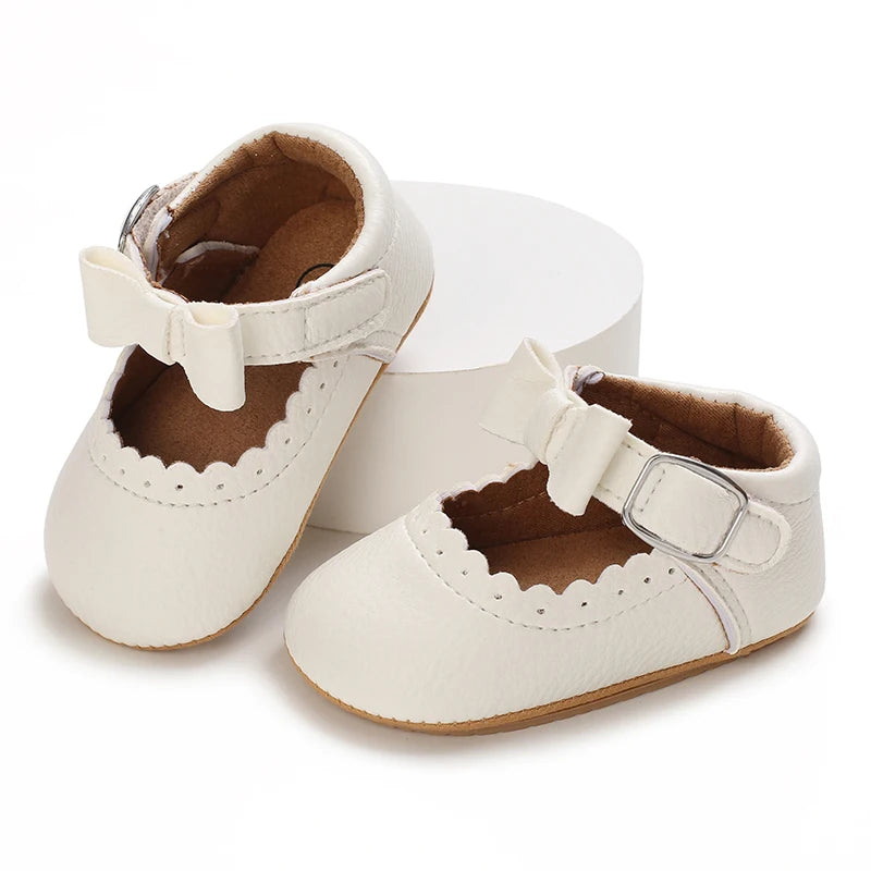Baby Shoes Girls' Newborn White Series Forefoot Shoes PU Leather Flat Bottom Soft Sole Baby Shoes Bow Baby Princess Shoes