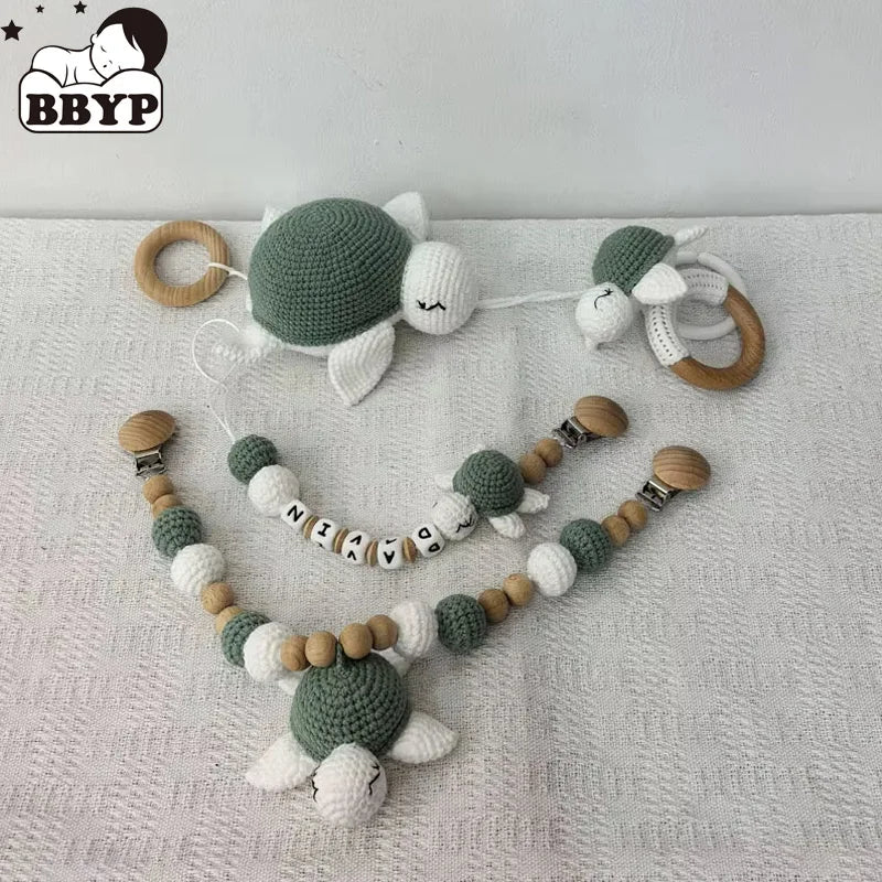 Stroller chain Pacifier Chain With Name Gym Educational Ring Teething Toy Baby Cotton Turtle Wooden Ring Rattle Crochet Wool To