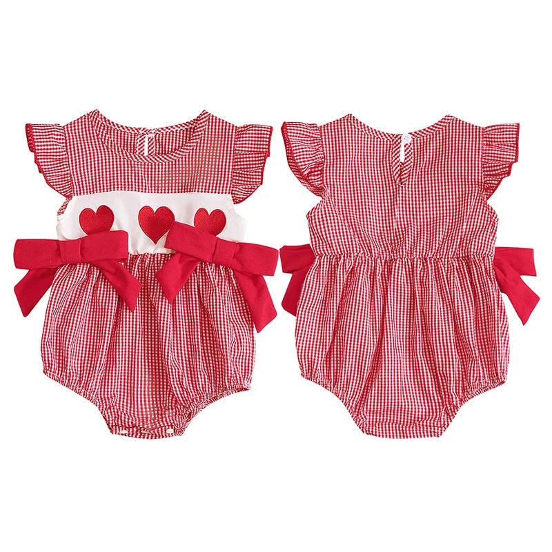 Baby Girl Valentines Day Outfit Newborn Heart Plaid Bubble Romper Bowknot Ruffle Bodysuit Smocked Baby Clothes