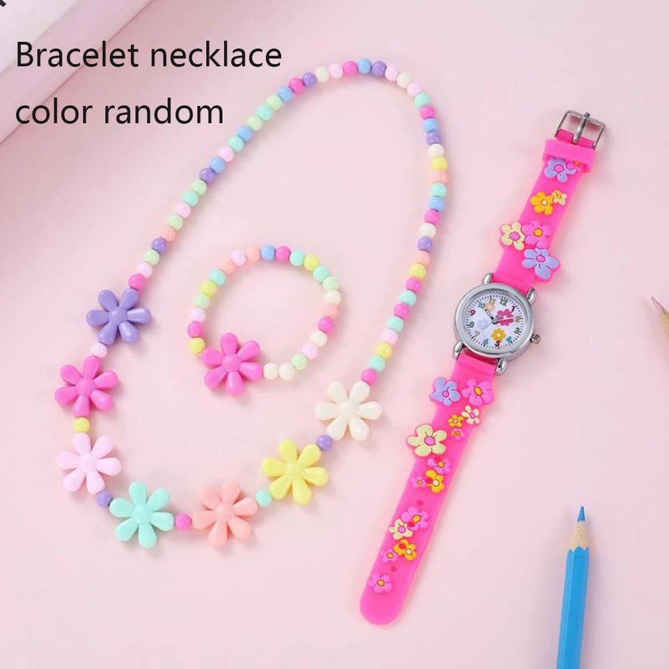 1pc/2pcs/3pcs-Cute creative flower style unicorn quartz watch for children, bracelet necklace set, girls' accessories