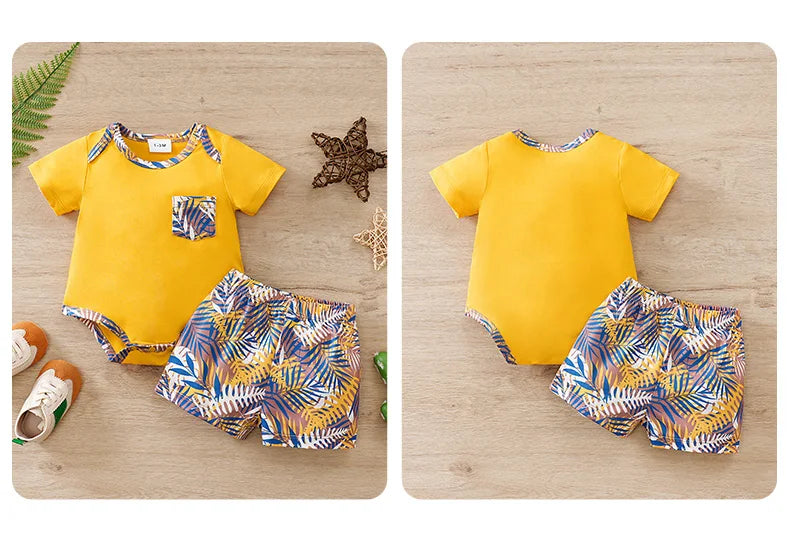 0-18Months Boys and Girls Summer Baby Short-Sleeve Outfit Set Full Print Tropical Beach Plants baby clothes Perfect for Vacation
