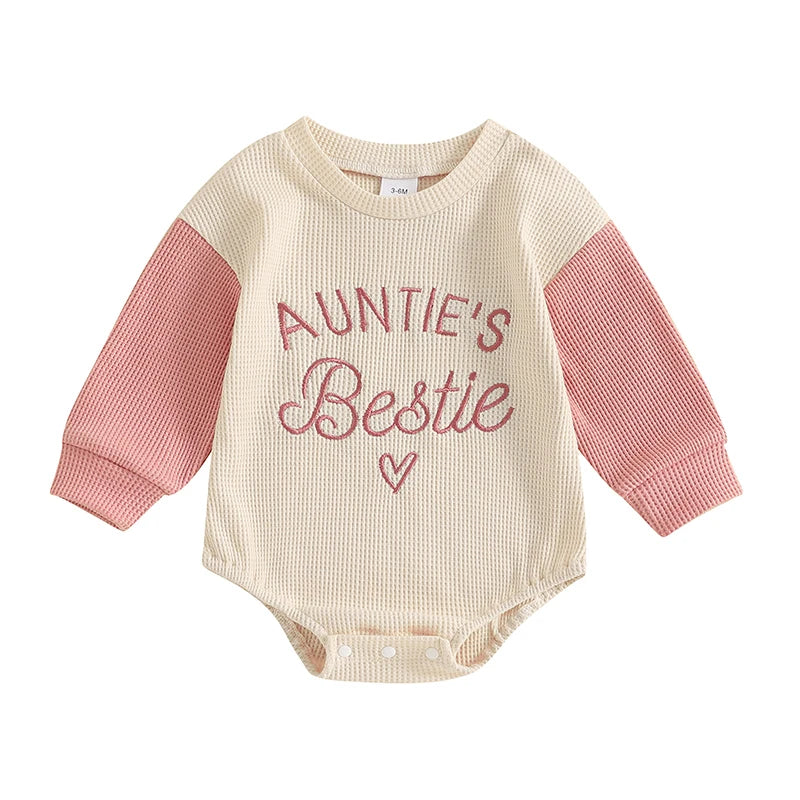 Newborn Baby Girl Clothes Long Sleeve Aunties Bestie Embroidery Romper Waffle Bodysuit Shirt Fall Outfits