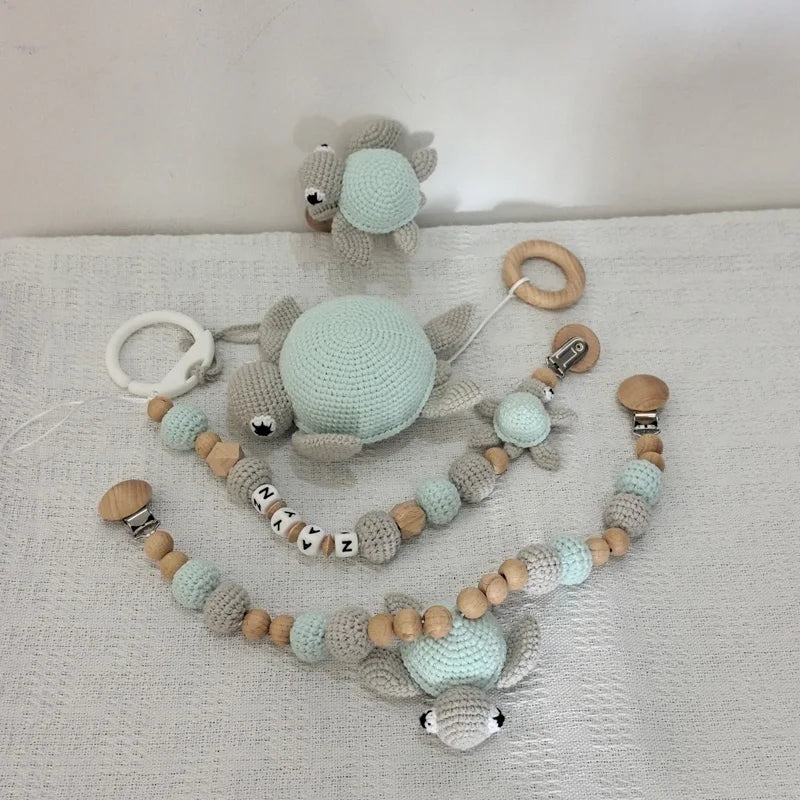 Stroller chain Pacifier Chain With Name Gym Educational Ring Teething Toy Baby Cotton Turtle Wooden Ring Rattle Crochet Wool To