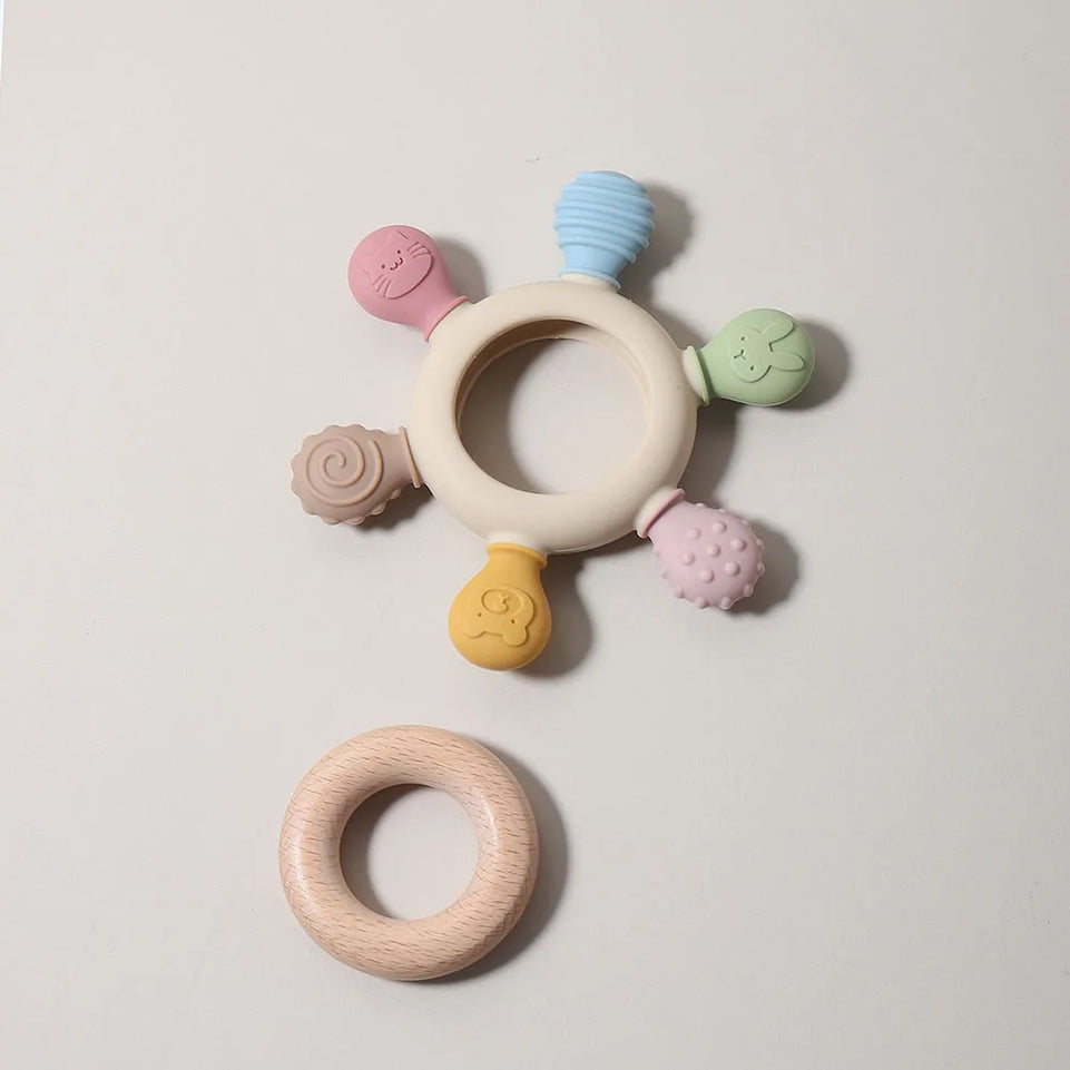 Silicone teether baby gift animal shaped cartoon cute teething toy chew bead sensory gum relief soother bell beech wood soft