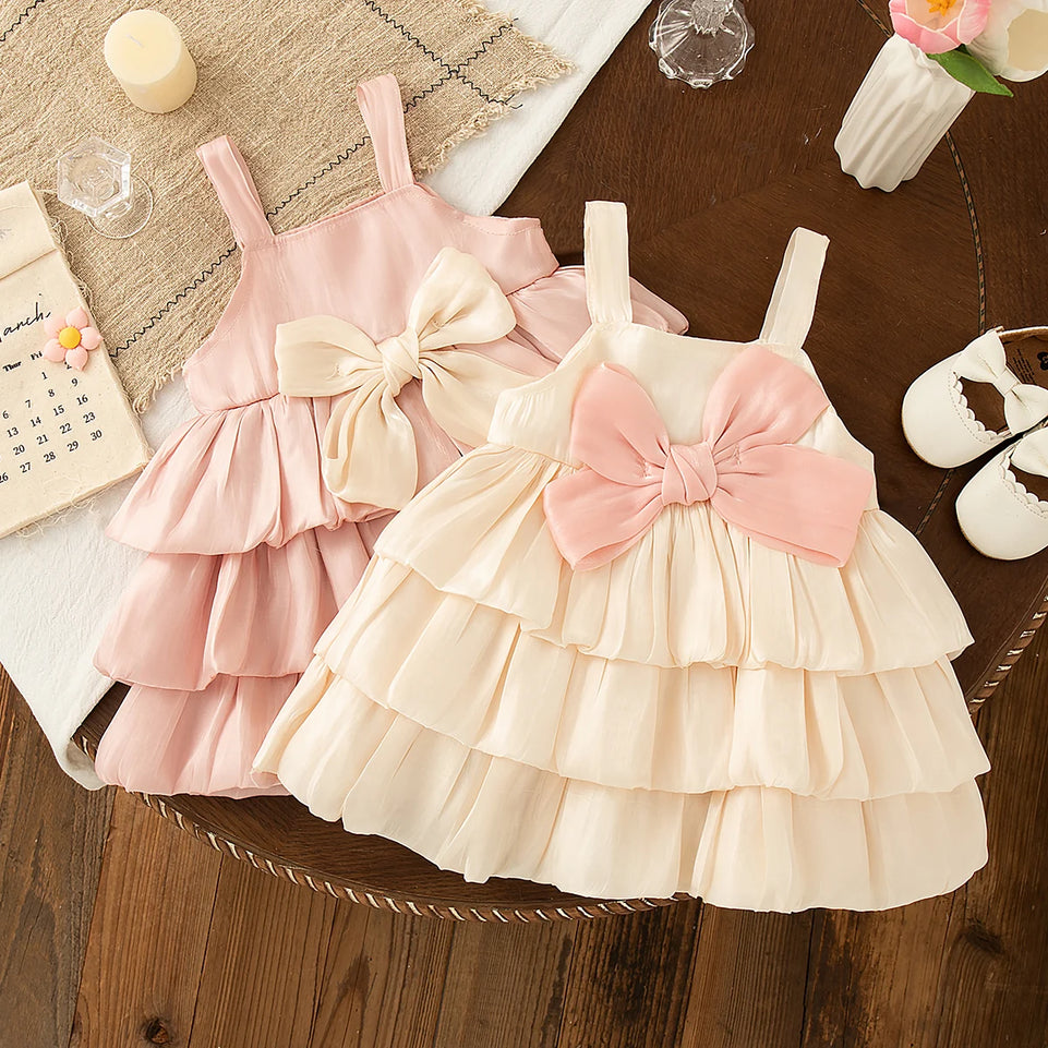 Baby Girl Dress Summer Solid Color Mesh Bow Girl Dress Cute Multi-Layer Girl Princess Dress Baby Clothes Girl
