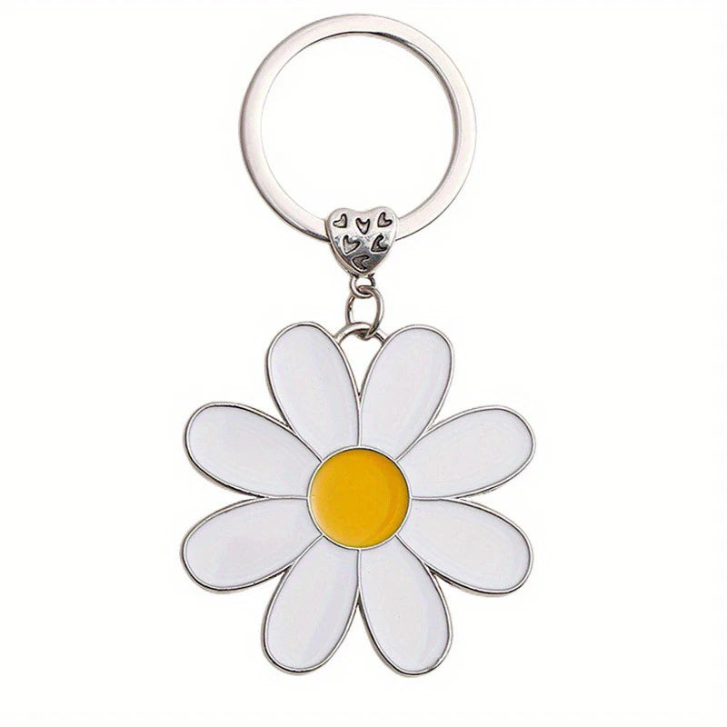 Lovely White Daisy Keychain Enamel Crystal Bee Metal Keychains Flower Charm Pendant Purse Bag Decoration Women Girls Accessories