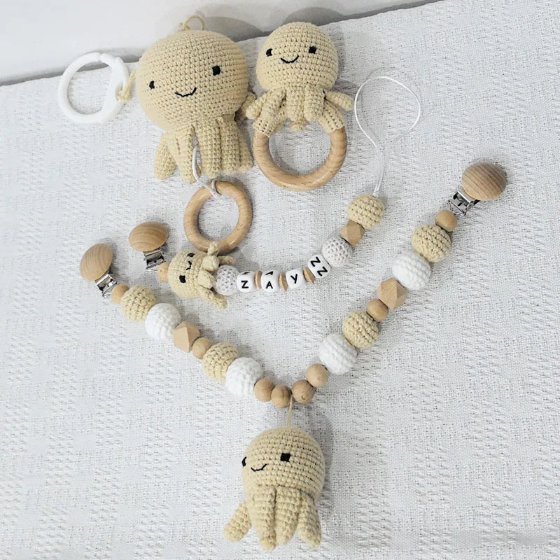 Stroller chain Pacifier Chain With Name Gym Educational Ring Teething Toy Baby Cotton Turtle Wooden Ring Rattle Crochet Wool To
