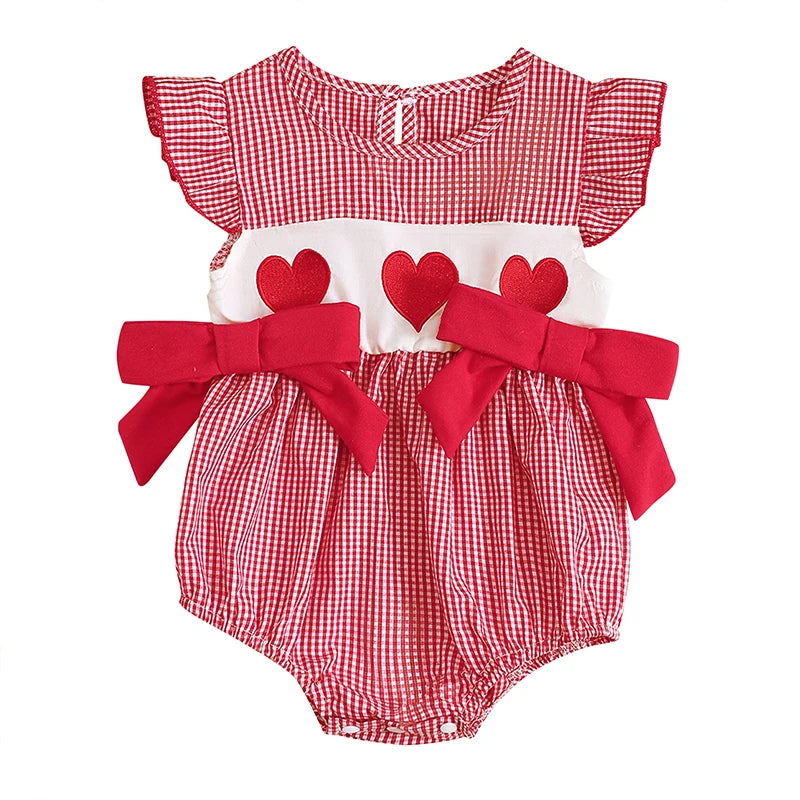 Baby Girl Valentines Day Outfit Newborn Heart Plaid Bubble Romper Bowknot Ruffle Bodysuit Smocked Baby Clothes