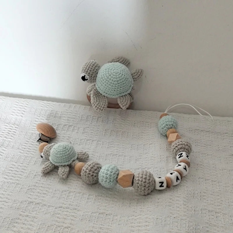 Stroller chain Pacifier Chain With Name Gym Educational Ring Teething Toy Baby Cotton Turtle Wooden Ring Rattle Crochet Wool To