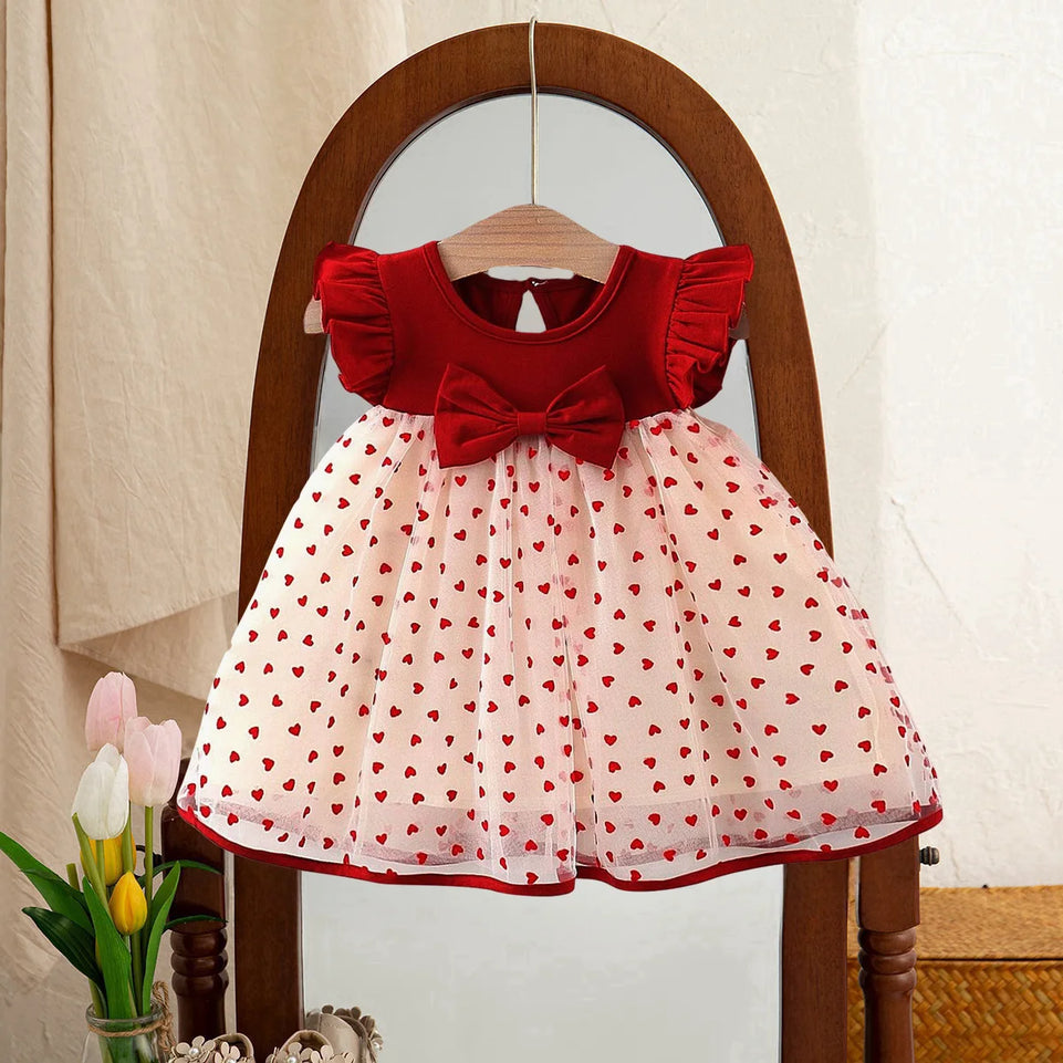 Baby Girl Dress Summer Full Printed Love Sleeve Girls Dress Cute Bowknot Girls New Year Dresses Baby Clothes Girl