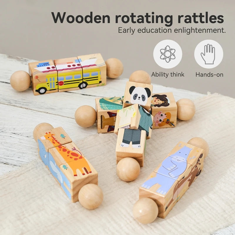 Baby Wooden Rotating Jigsaw Puzzle Hand bell Toy Montessori Educational Sensory Cognition Toys Wooden Music Rattle Toy Baby Gift