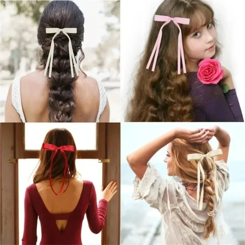 4/6/8 PCS Satin Ribbon Bows Hair Clip for Women Korean Sweat Long Tassel Tails BowKnot Barrettes Set Hairpin Girls Accessories