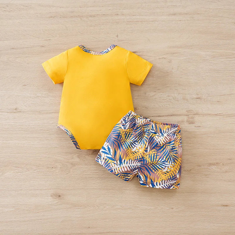 0-18Months Boys and Girls Summer Baby Short-Sleeve Outfit Set Full Print Tropical Beach Plants baby clothes Perfect for Vacation