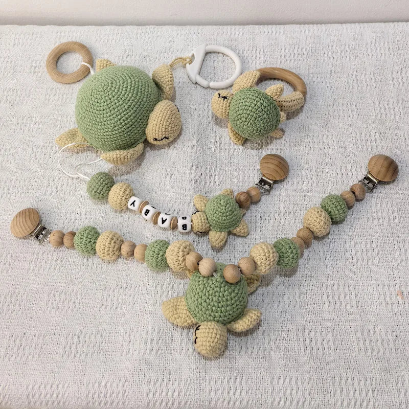 Stroller chain Pacifier Chain With Name Gym Educational Ring Teething Toy Baby Cotton Turtle Wooden Ring Rattle Crochet Wool To