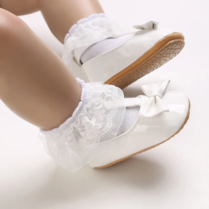 Baby Shoes Girls' Newborn White Series Forefoot Shoes PU Leather Flat Bottom Soft Sole Baby Shoes Bow Baby Princess Shoes