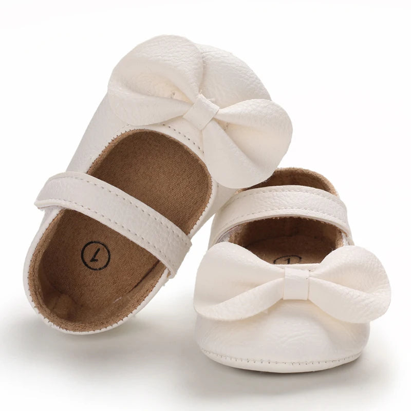 Baby Shoes Girls' Newborn White Series Forefoot Shoes PU Leather Flat Bottom Soft Sole Baby Shoes Bow Baby Princess Shoes