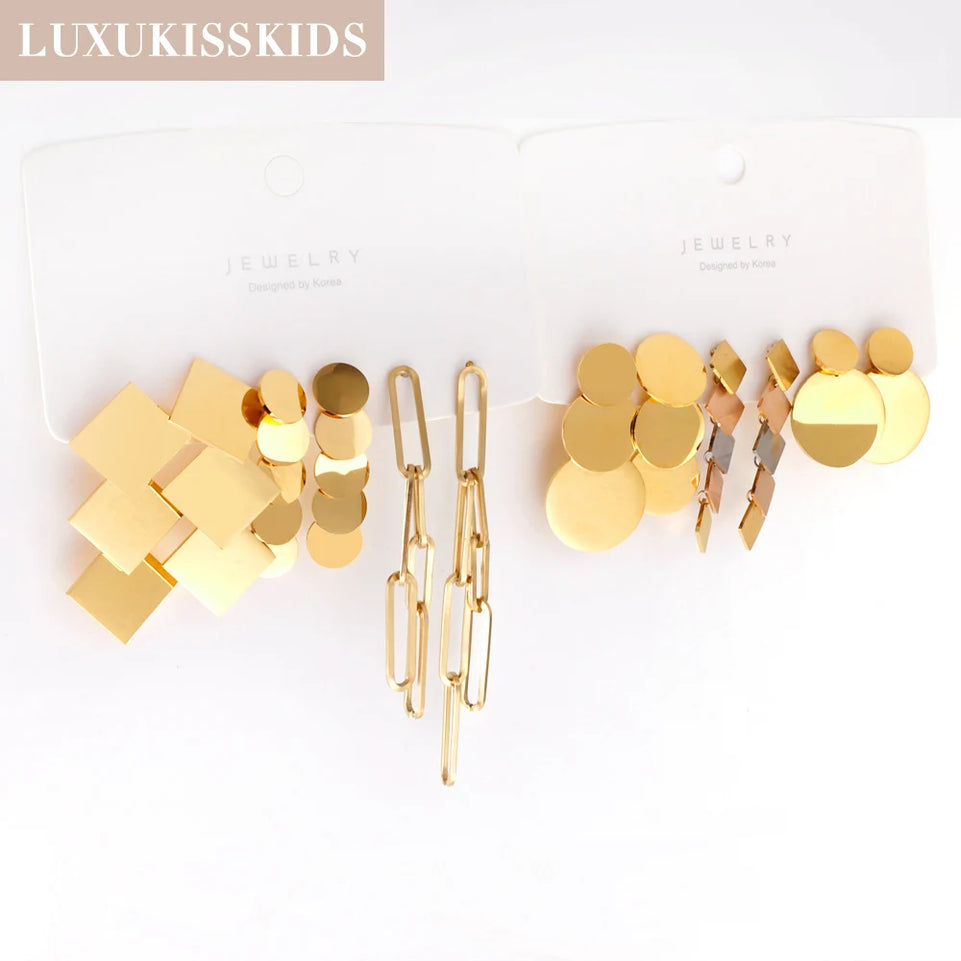 LUXUKISSKIDS Metal Stacked Geometric Dangle Stud Earrings Fashion Girls' Accessories Round Tassel Exaggerated Design Dailywear