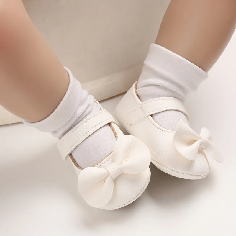 Baby Shoes Girls' Newborn White Series Forefoot Shoes PU Leather Flat Bottom Soft Sole Baby Shoes Bow Baby Princess Shoes