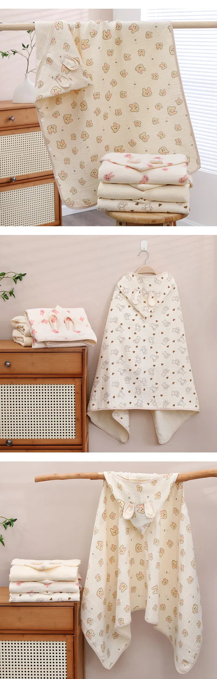 Baby Shower Towel Gauze Soft Absorbent Breathable Hooded Bathrobe Cartoon Bear Skin Friendly Durable Infant Bath Supplies