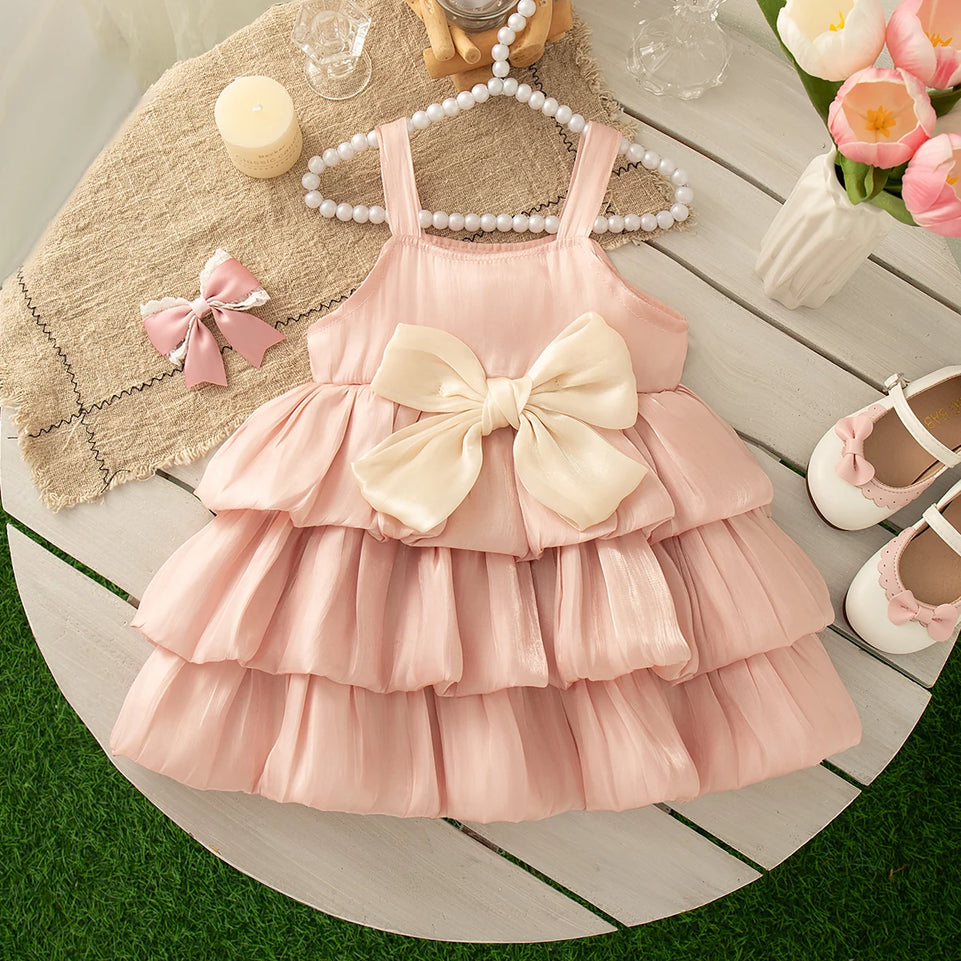 Baby Girl Dress Summer Solid Color Mesh Bow Girl Dress Cute Multi-Layer Girl Princess Dress Baby Clothes Girl