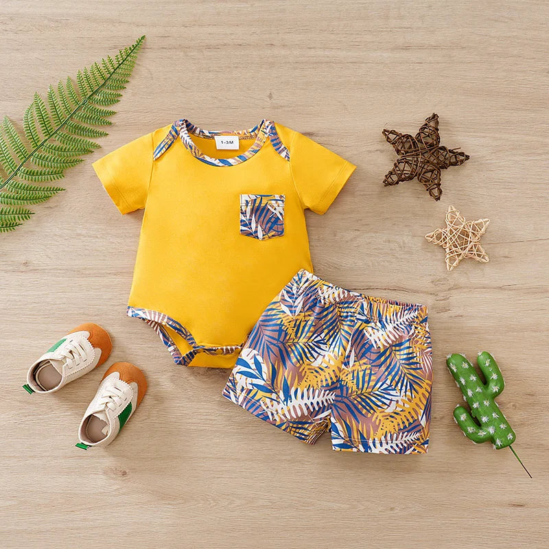 0-18Months Boys and Girls Summer Baby Short-Sleeve Outfit Set Full Print Tropical Beach Plants baby clothes Perfect for Vacation