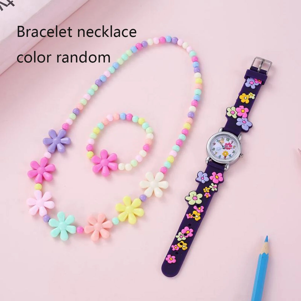 1pc/2pcs/3pcs-Cute creative flower style unicorn quartz watch for children, bracelet necklace set, girls' accessories