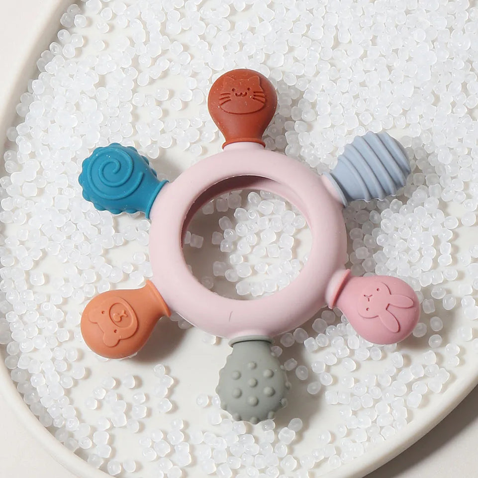 Silicone teether baby gift animal shaped cartoon cute teething toy chew bead sensory gum relief soother bell beech wood soft