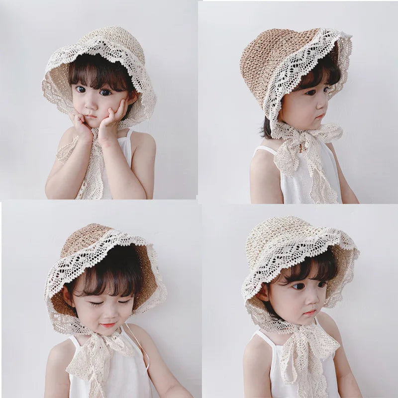 Summer Baby Sun Hat Lace Straw Kids Bucket Hats for Girls Accessories Beach Travel Children Cap Princess Baby Girl Hat 2-5Y
