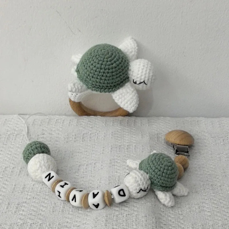 Stroller chain Pacifier Chain With Name Gym Educational Ring Teething Toy Baby Cotton Turtle Wooden Ring Rattle Crochet Wool To