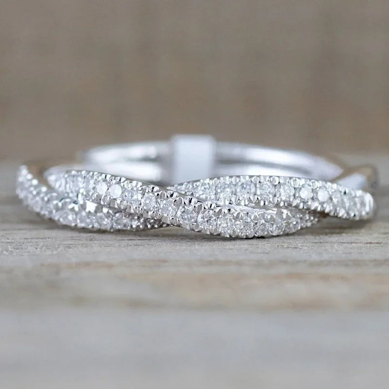 Ne'w Fashion Twist Rings for Women Silver Color Band White CZ Simple Stylish Girls Accessories Party Daily Versatile Jewelry