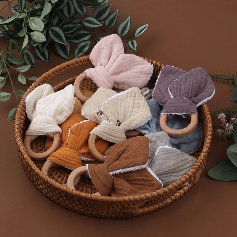 Soft Cotton Ears Teething Chewing Appease Toy Baby Natural Teether Ring Relief Teether