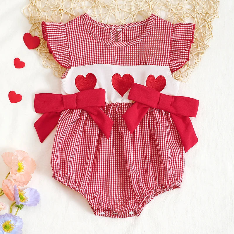 Baby Girl Valentines Day Outfit Newborn Heart Plaid Bubble Romper Bowknot Ruffle Bodysuit Smocked Baby Clothes