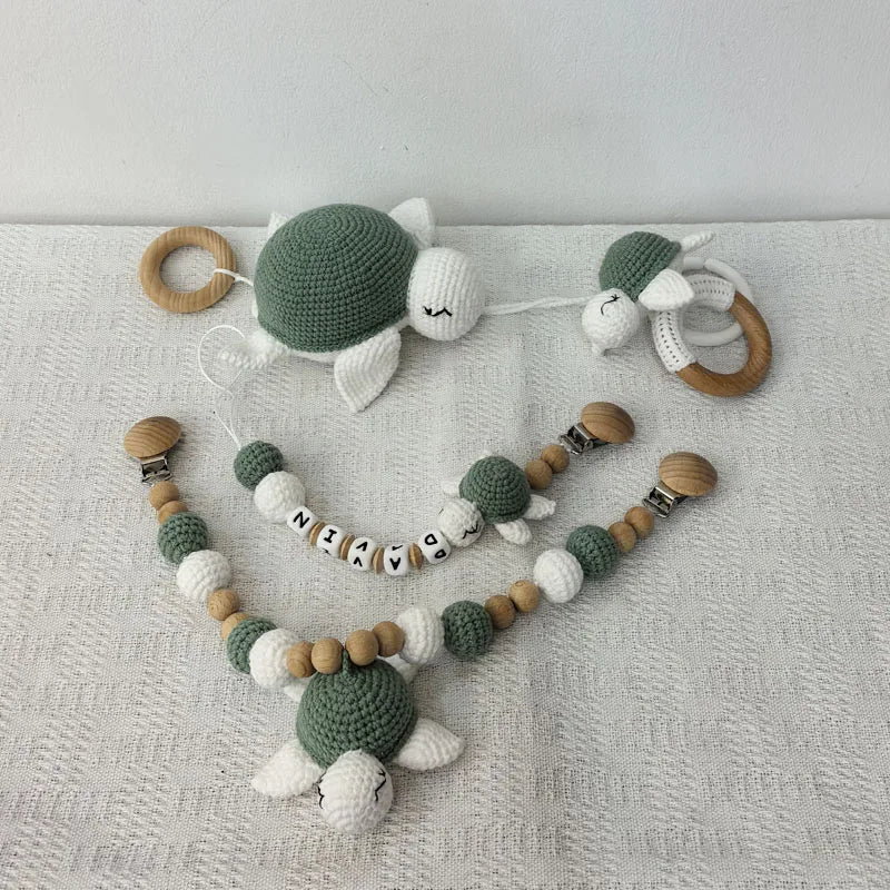 Stroller chain Pacifier Chain With Name Gym Educational Ring Teething Toy Baby Cotton Turtle Wooden Ring Rattle Crochet Wool To