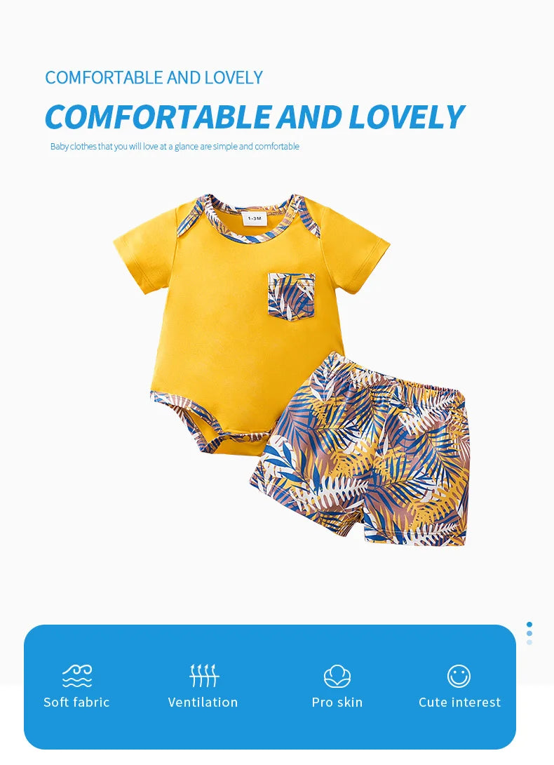 0-18Months Boys and Girls Summer Baby Short-Sleeve Outfit Set Full Print Tropical Beach Plants baby clothes Perfect for Vacation