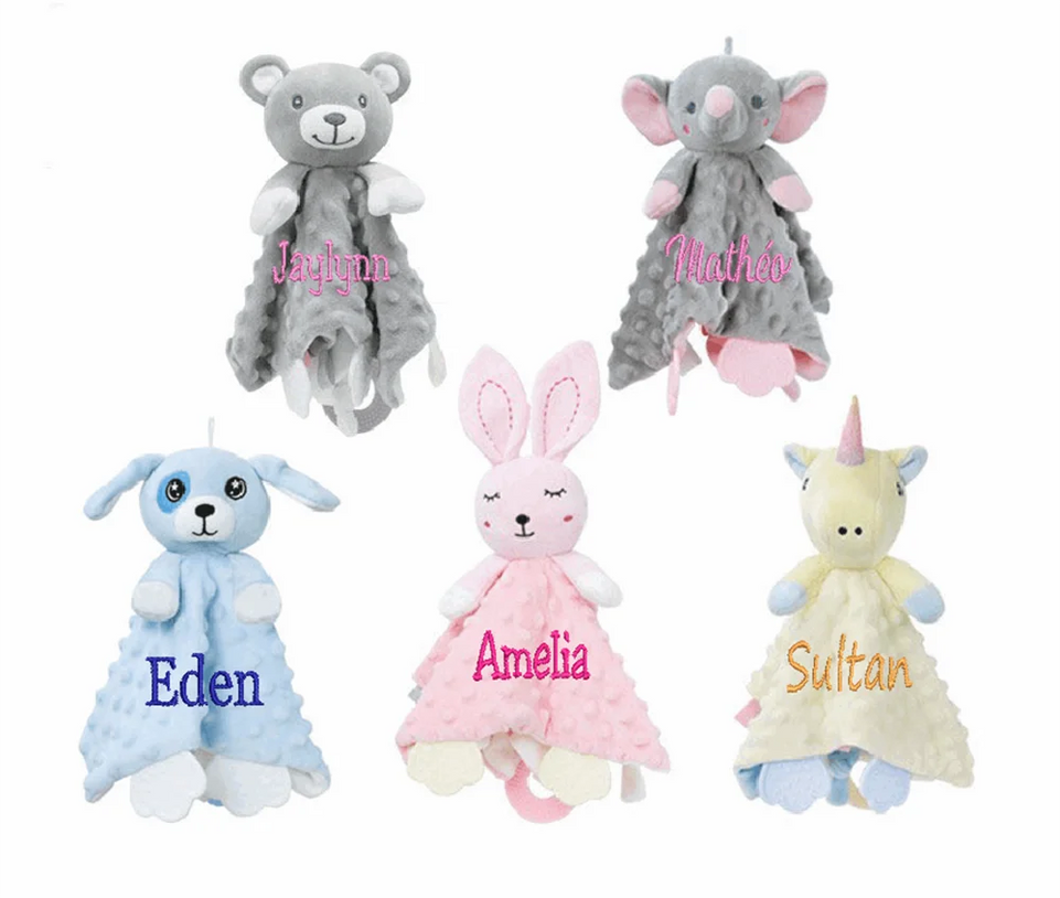 Personalized Baby Security Blanket Teether Plush Stuffed Toy Custom Blanket Comforter Bunny Elephant Soothe Appease Baby Gift