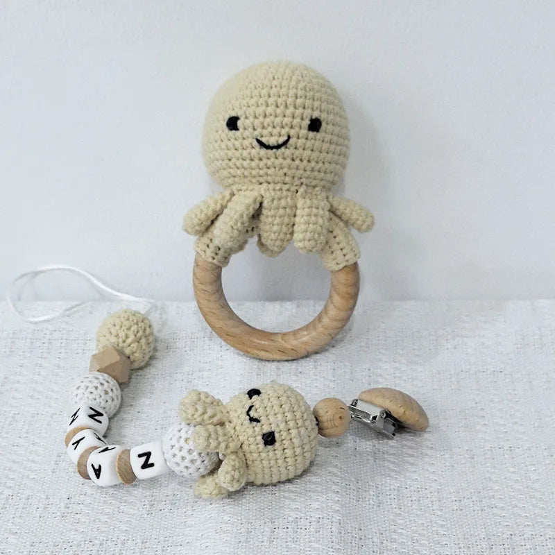 Stroller chain Pacifier Chain With Name Gym Educational Ring Teething Toy Baby Cotton Turtle Wooden Ring Rattle Crochet Wool To