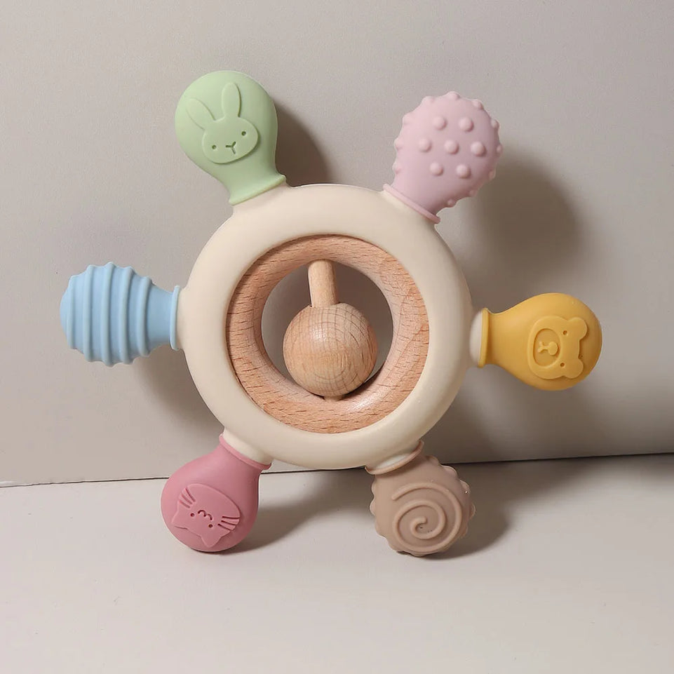 Silicone teether baby gift animal shaped cartoon cute teething toy chew bead sensory gum relief soother bell beech wood soft