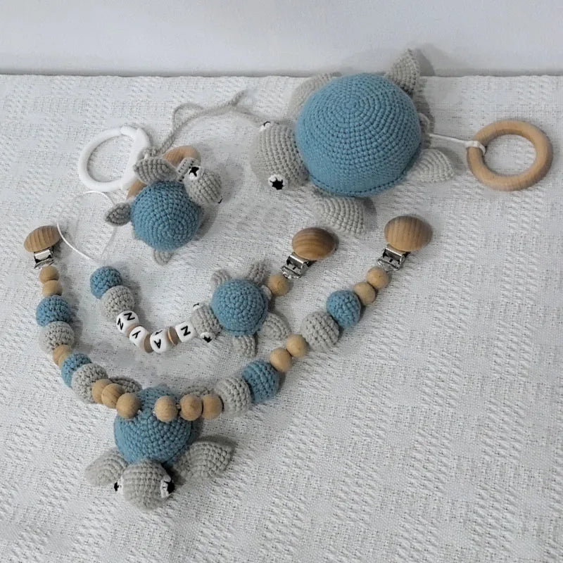 Stroller chain Pacifier Chain With Name Gym Educational Ring Teething Toy Baby Cotton Turtle Wooden Ring Rattle Crochet Wool To
