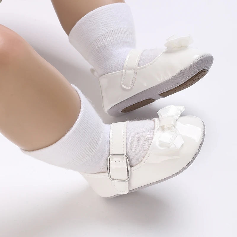 Baby Shoes Girls' Newborn White Series Forefoot Shoes PU Leather Flat Bottom Soft Sole Baby Shoes Bow Baby Princess Shoes
